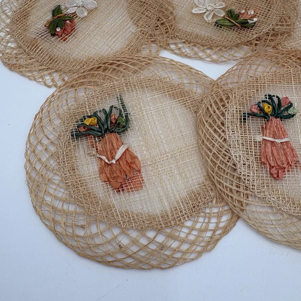 Handwoven Raffia Straw Round‎ Coasters Embroidered Flowers 6